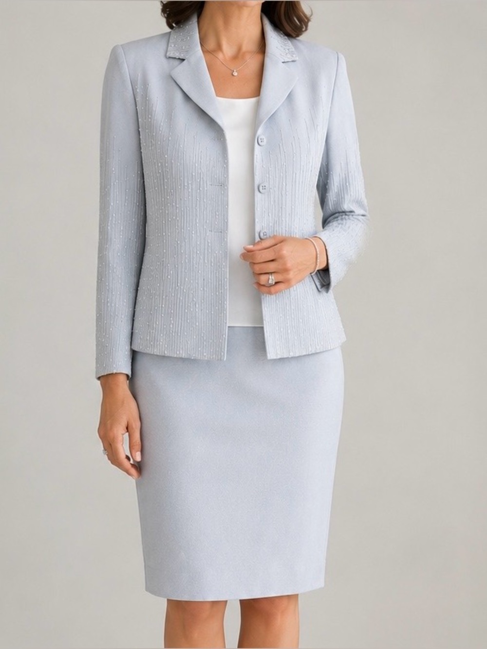 Albert Nipon Vintage 90s Beaded Skirt Suit Light Blue Formal Wedding Size 8